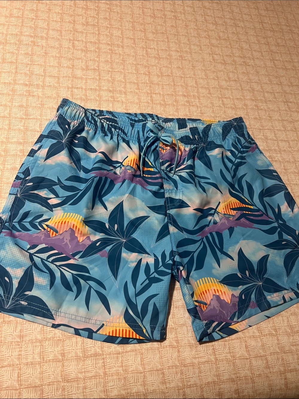 burnside Blue Tropical Print Swim Trunks with Sunset Accents